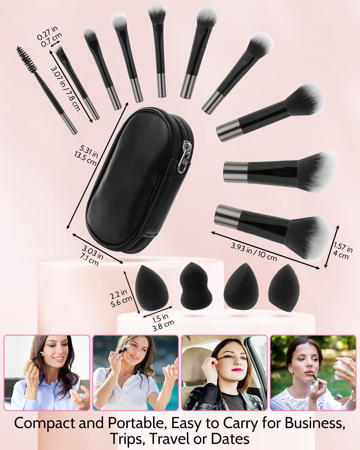 Mini Travel Makeup Brushes Set, 14 Pieces, Small Portable Full Complete Function Cosmetic Kit with Brush Pouch, Foundation Powder Set Eyebrow Concealer Contour Travel Kit (Black)