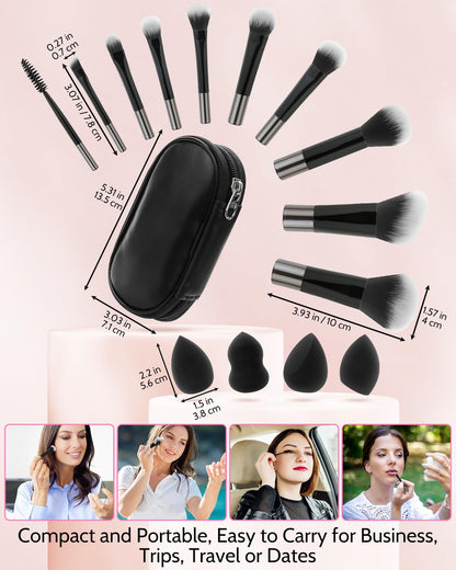 Mini Travel Makeup Brushes Set, 14 Pieces, Small Portable Full Complete Function Cosmetic Kit with Brush Pouch, Foundation Powder Set Eyebrow Concealer Contour Travel Kit (Black)