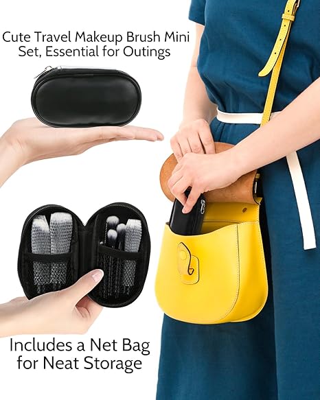 Mini Travel Makeup Brushes Set, 14 Pieces, Small Portable Full Complete Function Cosmetic Kit with Brush Pouch, Foundation Powder Set Eyebrow Concealer Contour Travel Kit (Black)